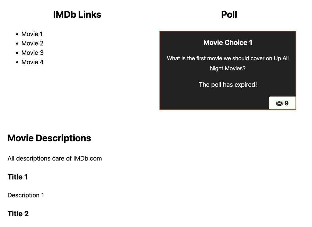 Screenshot of the IMDb Links, Poll, and Descriptions block patterns